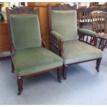 A late Victorian mahogany framed gentleman's arm chair, upholstered in braided sage green dralon