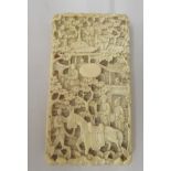 A late 19thC Chinese ivory two part card case, densely carved with figures in landscapes  3.75" x 2"