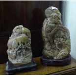 Three Chinese carved soapstone sculptures: to include a mountain scene with figures  14"h