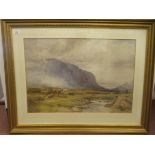 WH Piggot - roaming cattle by a stream in a mountainous landscape  watercolour  bears a