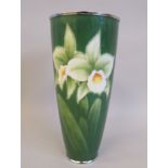 A 20thC dark green enamel beaker vase, decorated with a specimen orchid  8.5"h