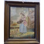 A late 18thC painted and embroidered tapestry picture, depicting a young woman outside a cottage,