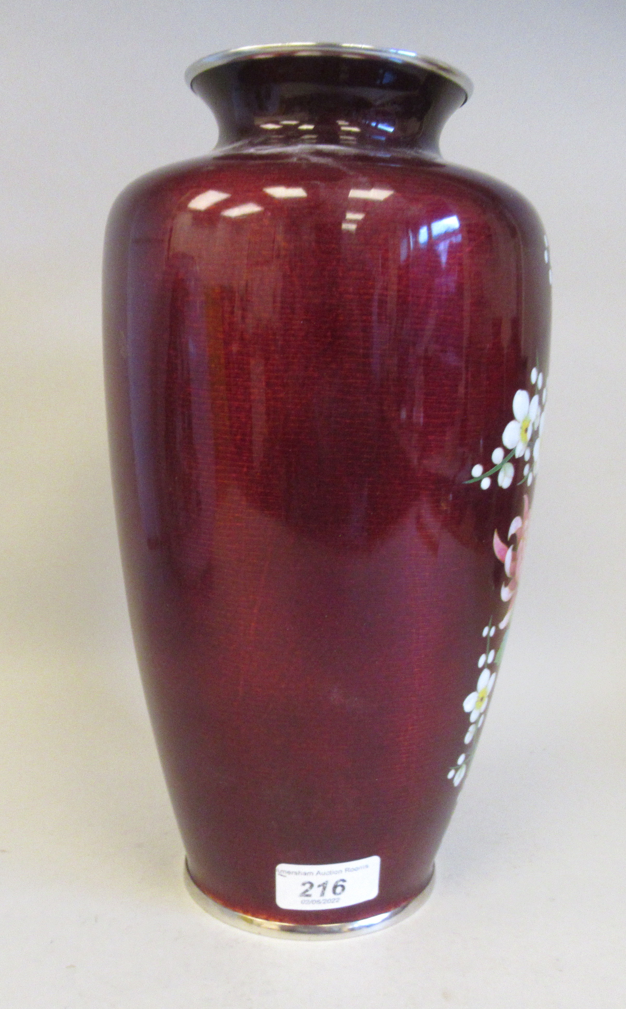 A 20thC oxblood coloured enamel vase of shouldered baluster form, decorated in colours with - Image 2 of 5