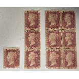 Postage stamps, Penny Reds, a block of six, a block of three and a single unused, possibly plate 199