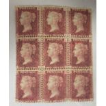Postage stamps, Penny Reds, a block of nine, unused, possibly plate 199