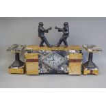 A Continental Art Deco three piece, multi-coloured marble/onyx cased clock garniture, surmounted