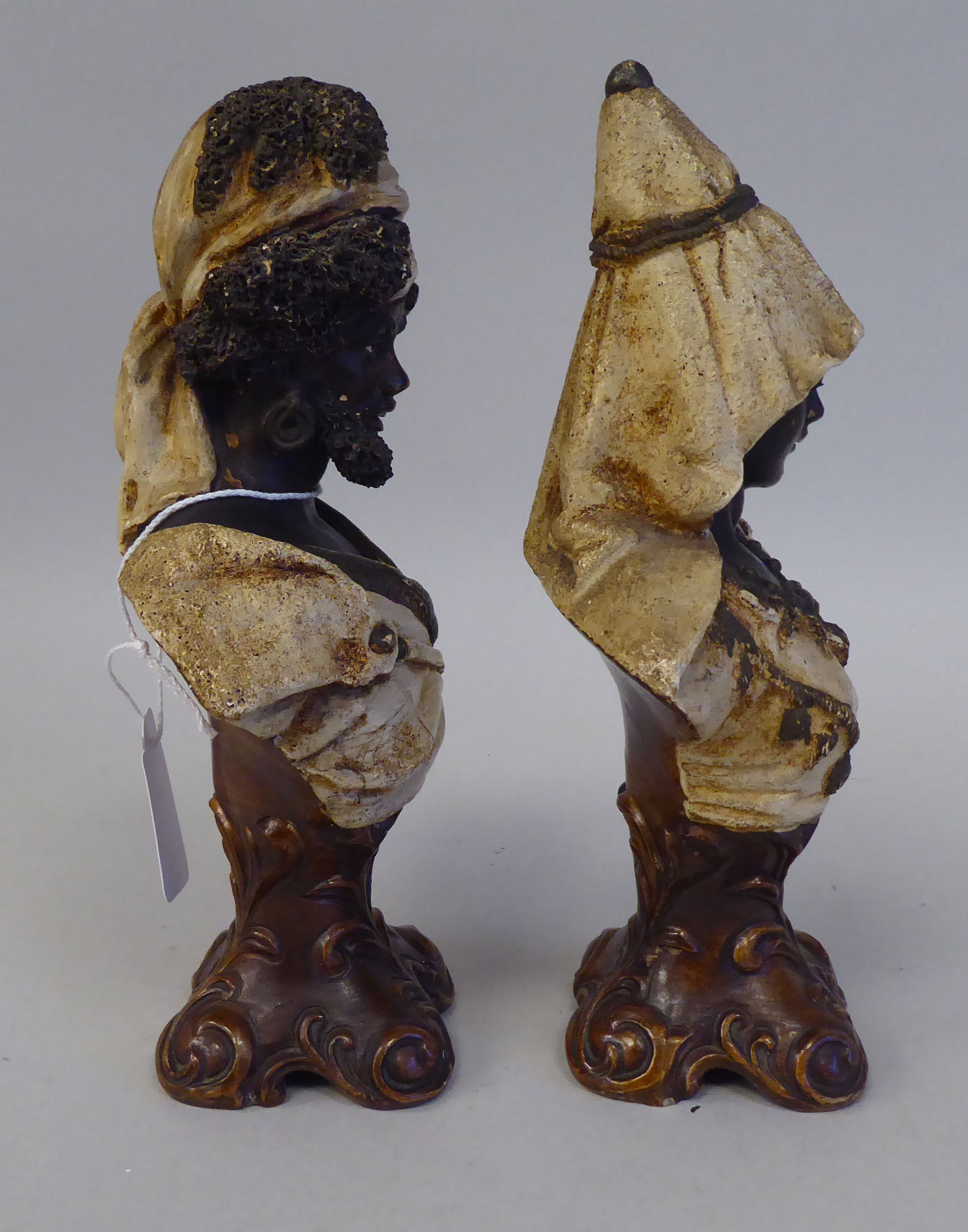 A pair of late 19thC Johann & Maresh painted terracotta Arab busts, a bearded man and a young - Image 2 of 6