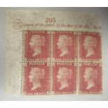 Postage stamps, Penny Reds, a block of six, unused possibly plate 172