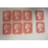 Postage stamps, Penny Reds, a block of six and a block of two unused, possibly plate 150