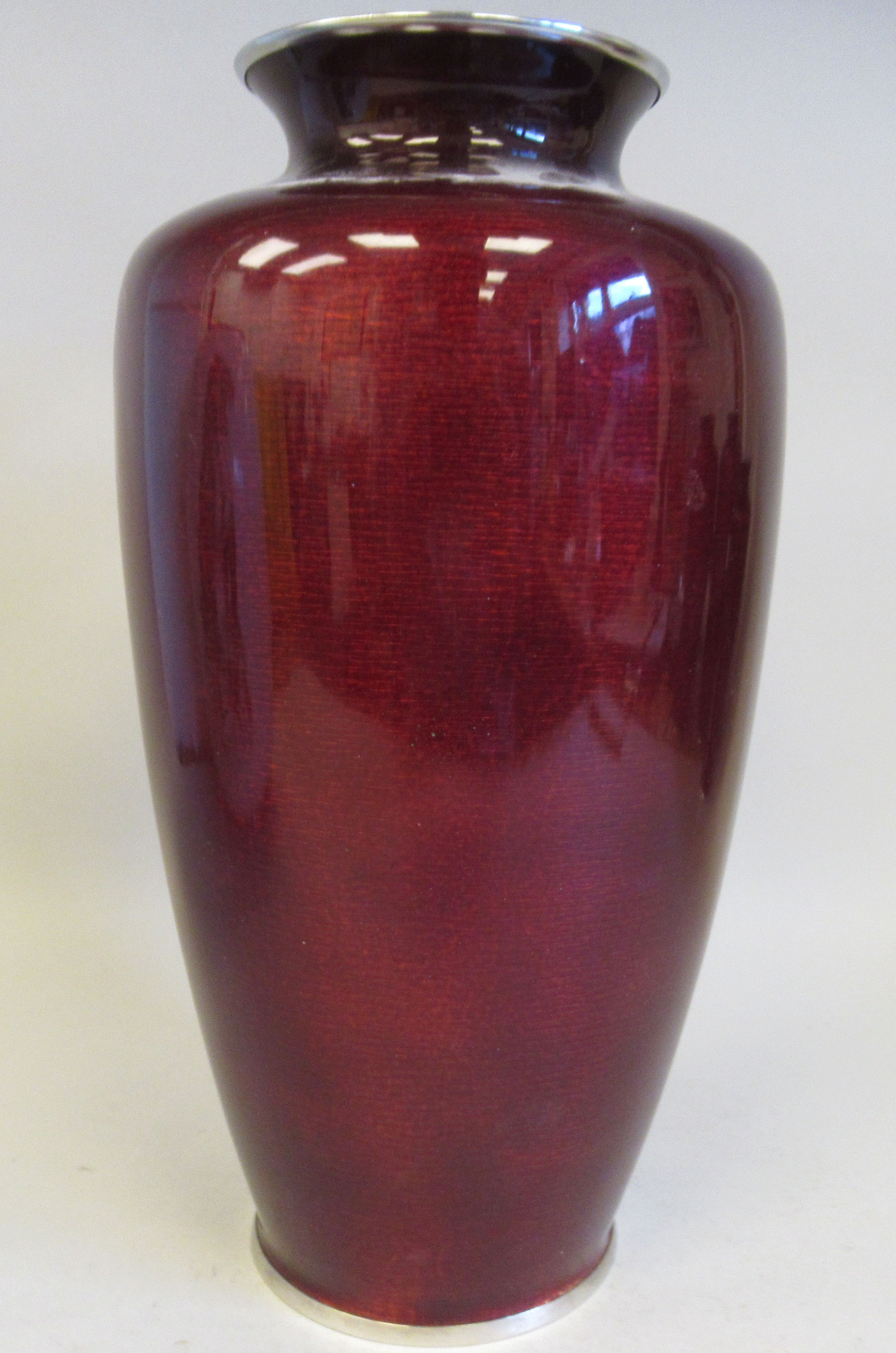 A 20thC oxblood coloured enamel vase of shouldered baluster form, decorated in colours with - Image 3 of 5