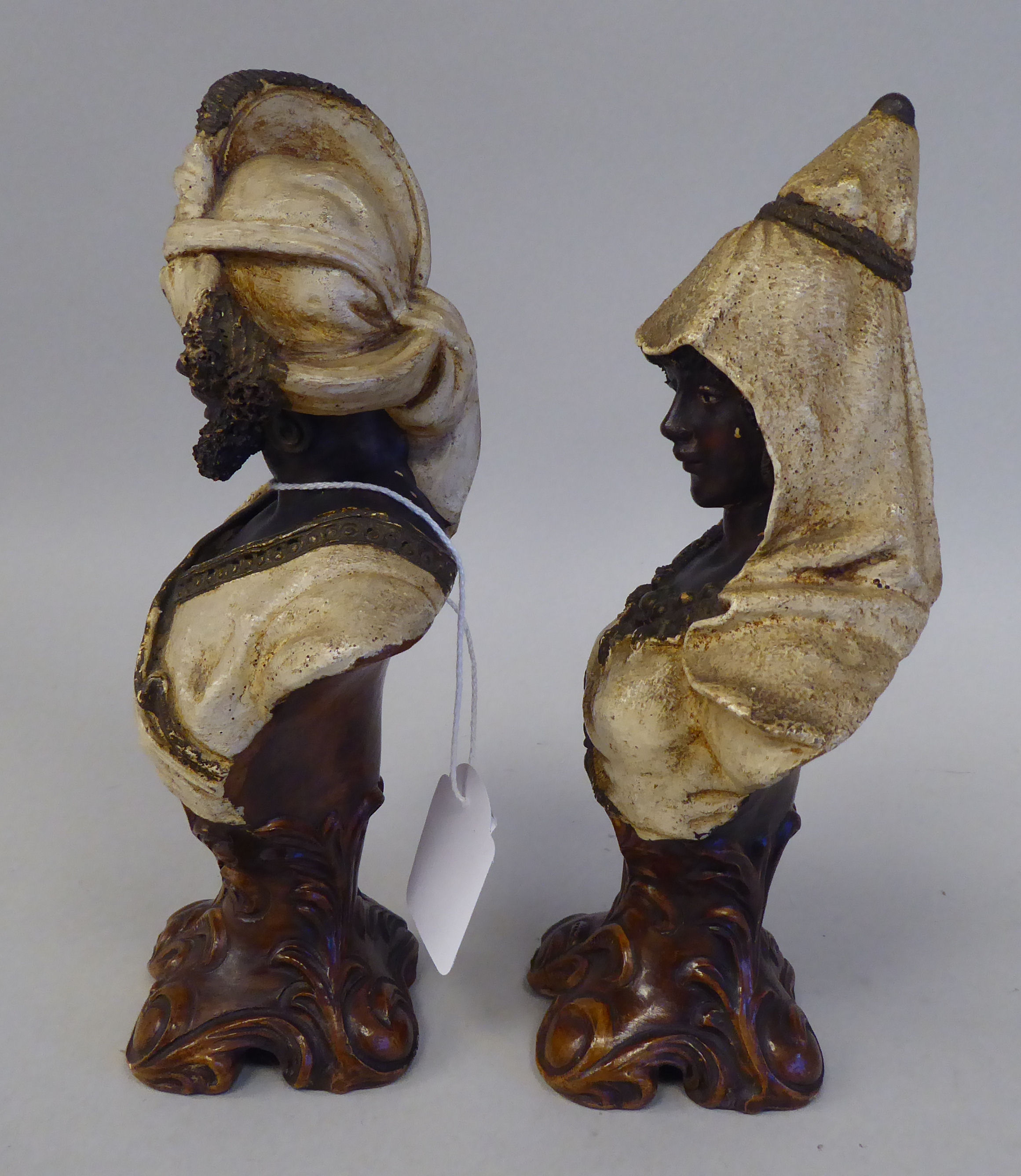 A pair of late 19thC Johann & Maresh painted terracotta Arab busts, a bearded man and a young - Image 4 of 6
