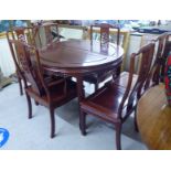 A modern Chinese rosewood dining table, raised on square, tapered legs  30"h  43"dia; and a matching