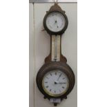 A late 19thC stained beech cased combination barometer, clock and thermometer with an enamel Roman