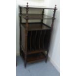 A late Victorian rosewood stand with two open shelves, over a five segment Canterbury, raised on