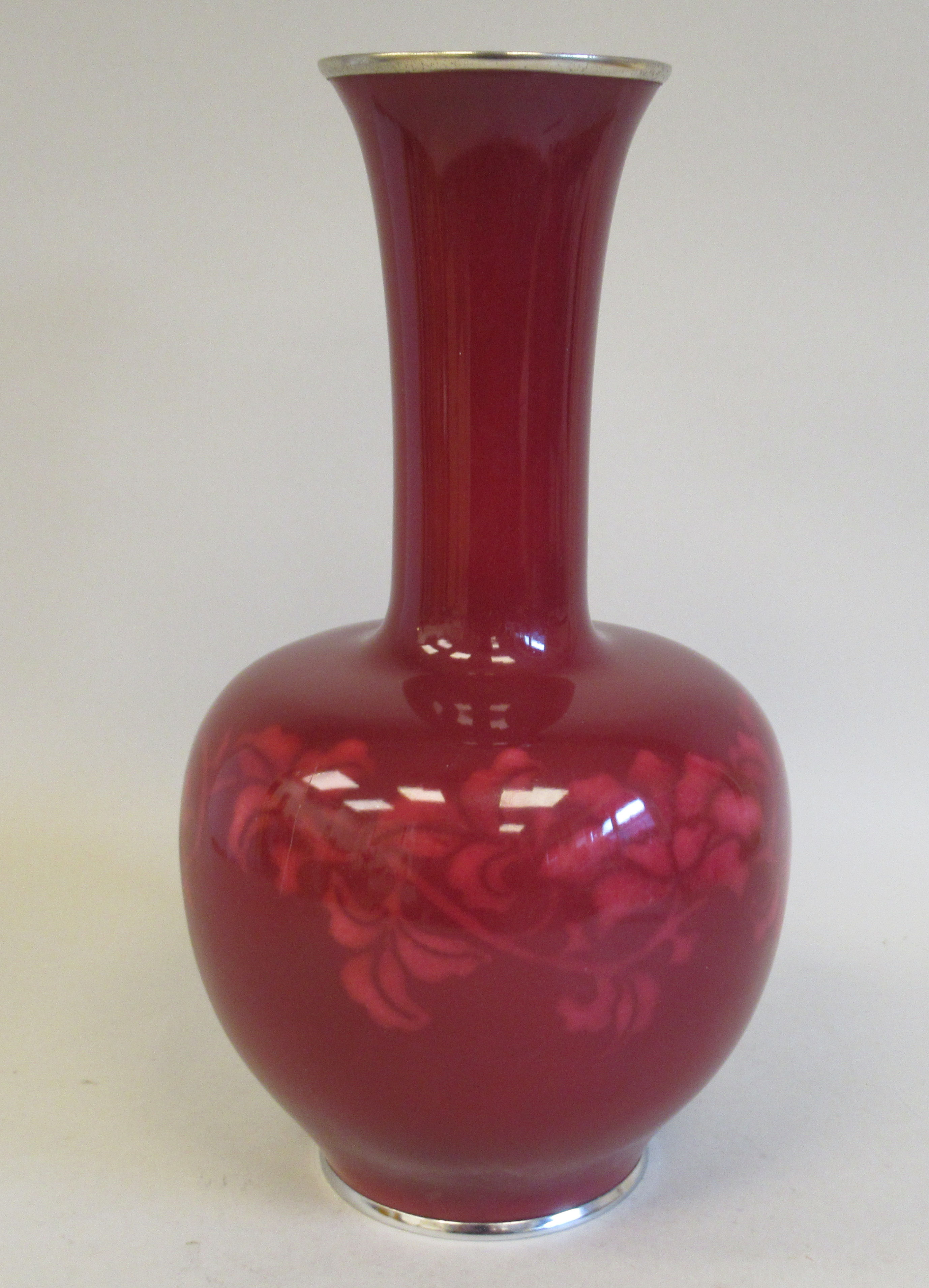 A 20thC ruby coloured enamel, bulbous bottle vase, having a long narrow neck and flared rim, - Image 2 of 7