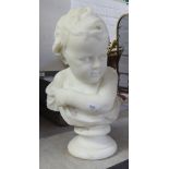 A carved white marble bust, featuring a child with folded arms, on a turned socle  18"h overall