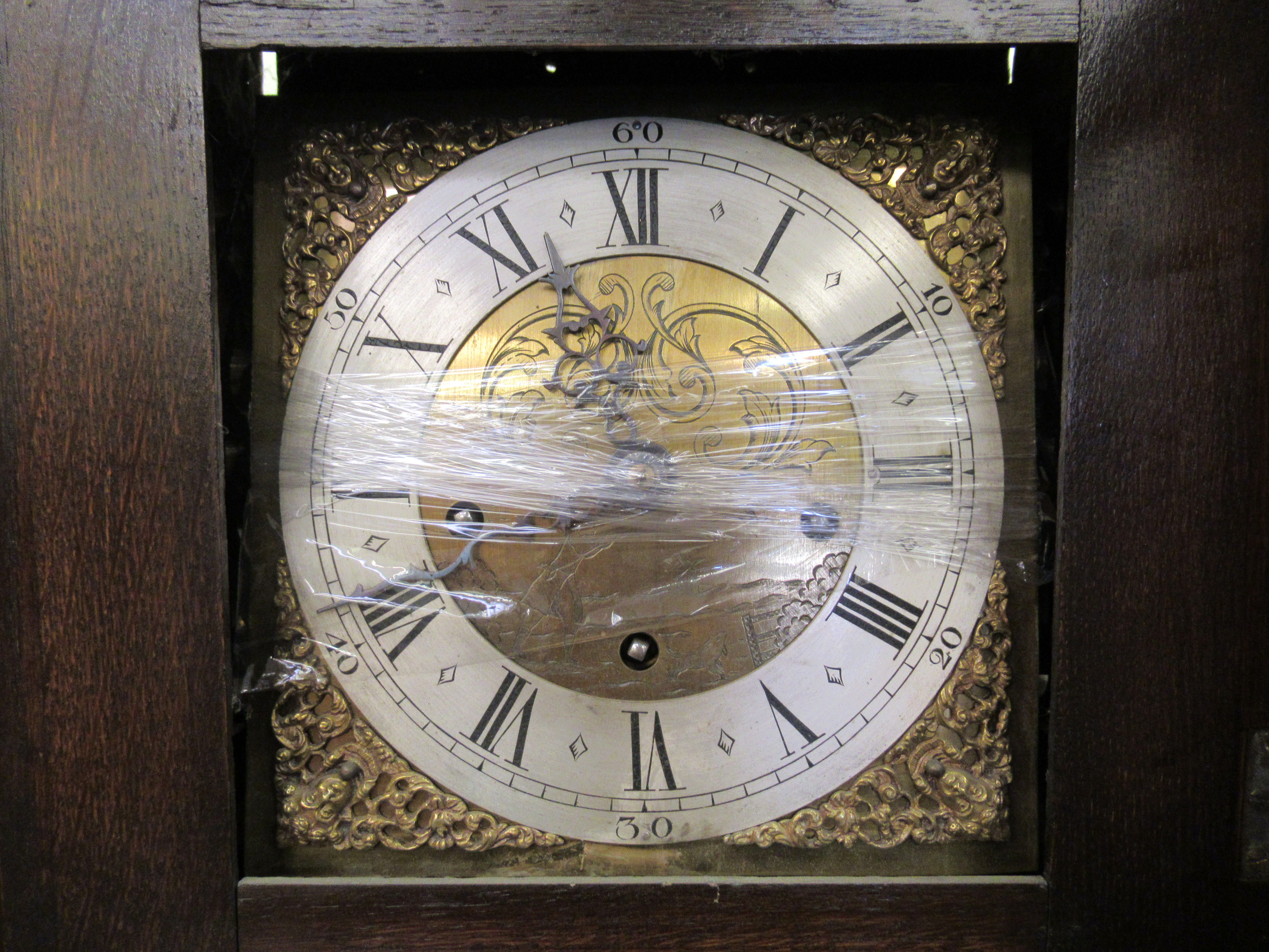 A 1920s oak cased Grandmother clock; the 8 day movement faced by a silvered Roman dial  69"h - Image 2 of 4