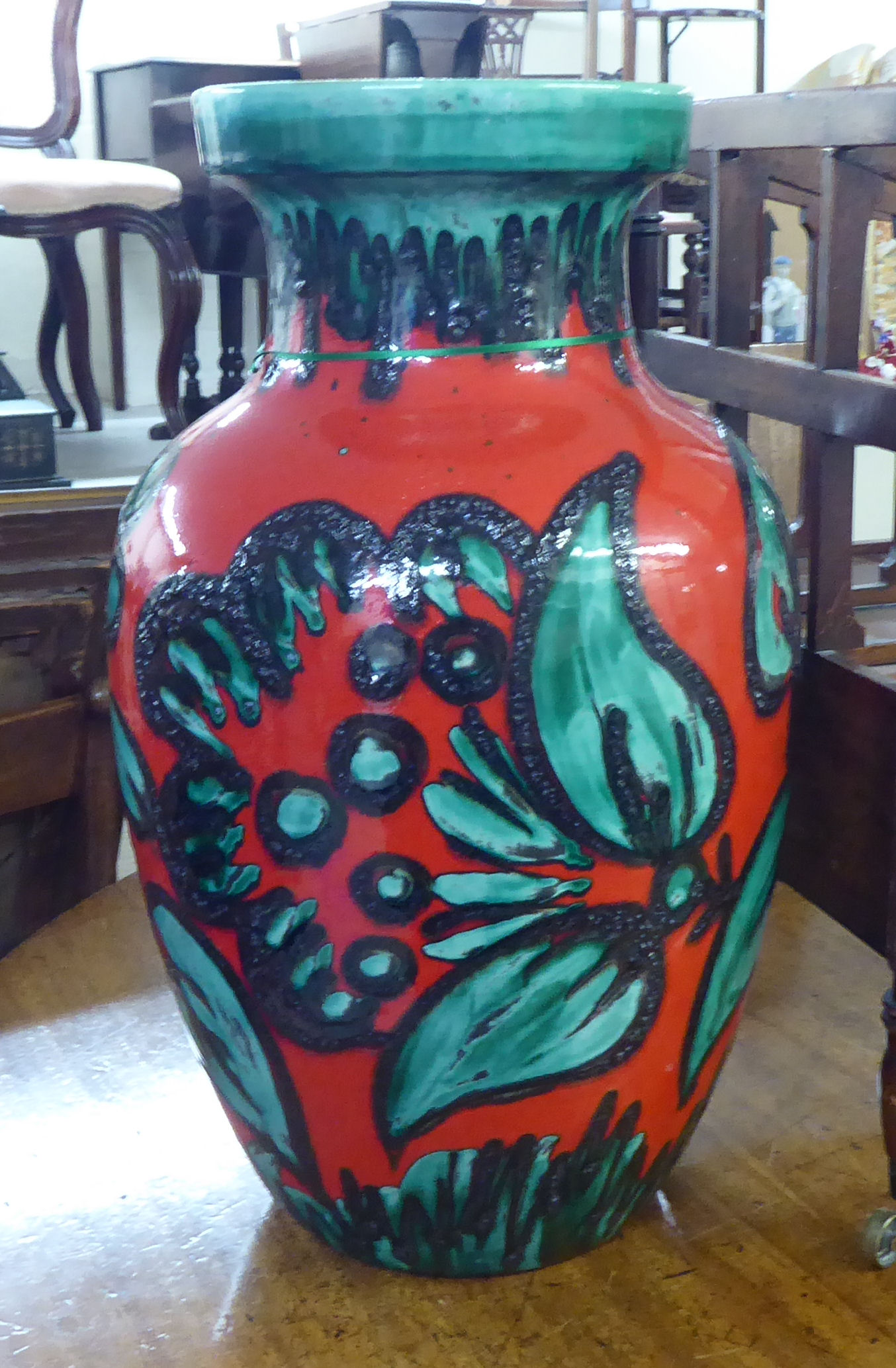 A West German pottery vase, decorated in abstract designs, on a red ground  19"h - Image 2 of 4