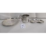 Art Nouveau silver, viz. a cup and saucer and matching pin tray  bearing indistinct marks