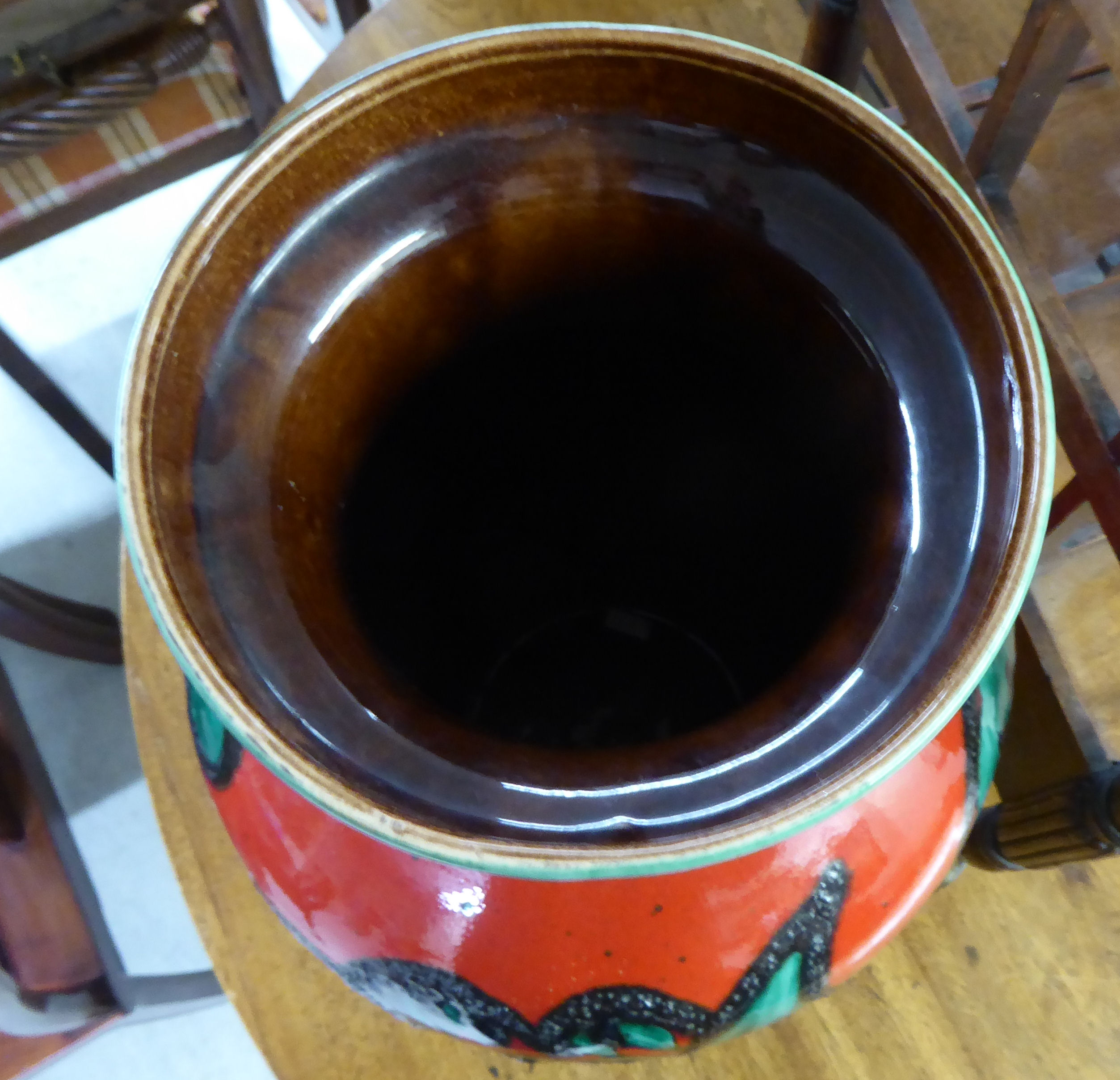 A West German pottery vase, decorated in abstract designs, on a red ground  19"h - Image 3 of 4