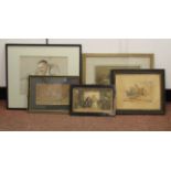 Framed pictures, viz. an early 19thC study of a figure in a country house garden  watercolour  7"