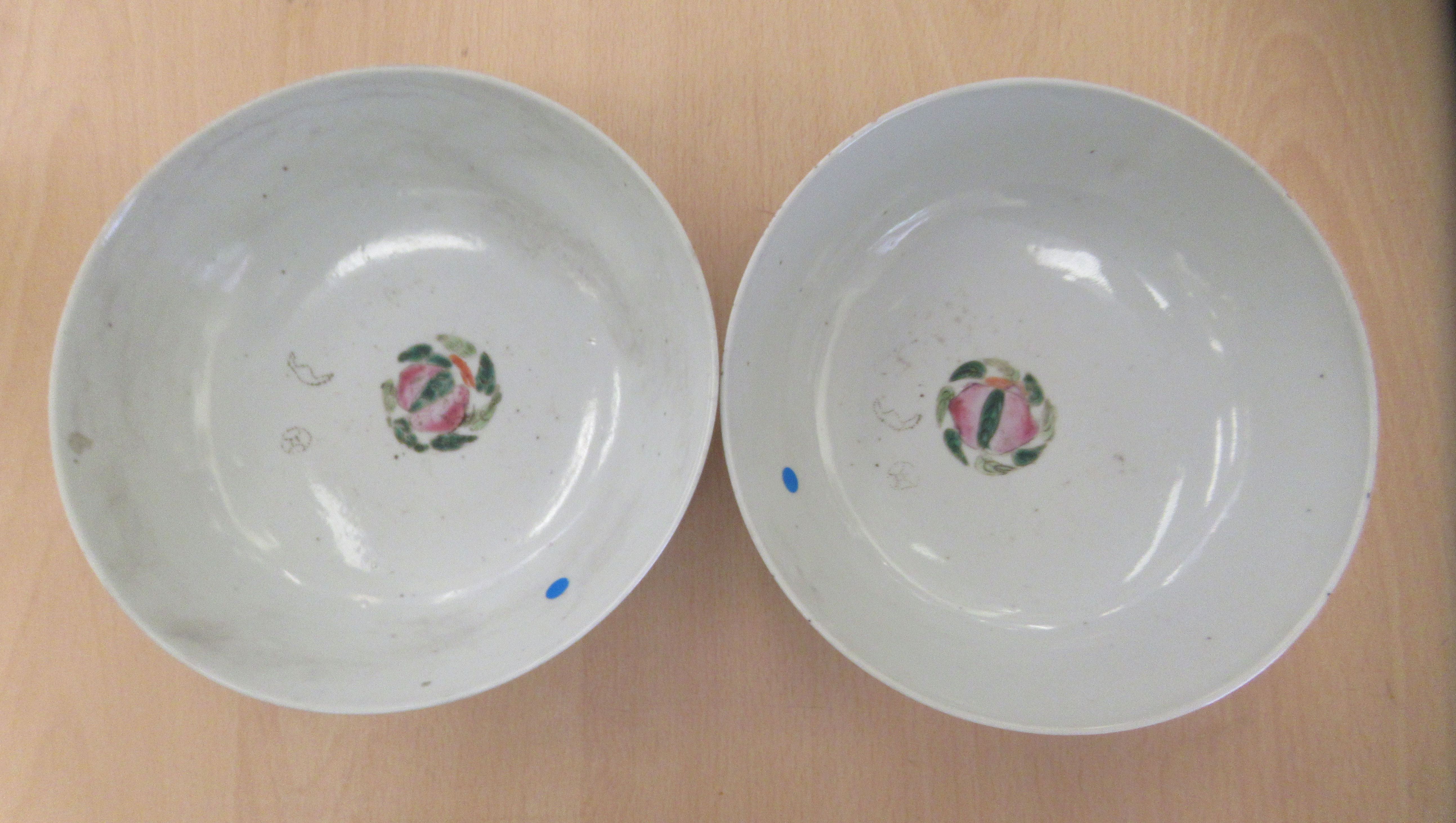 A pair of late 19thC Chinese porcelain shallow bowl, decorated in pastel tones with flora  7.5"dia - Image 2 of 3