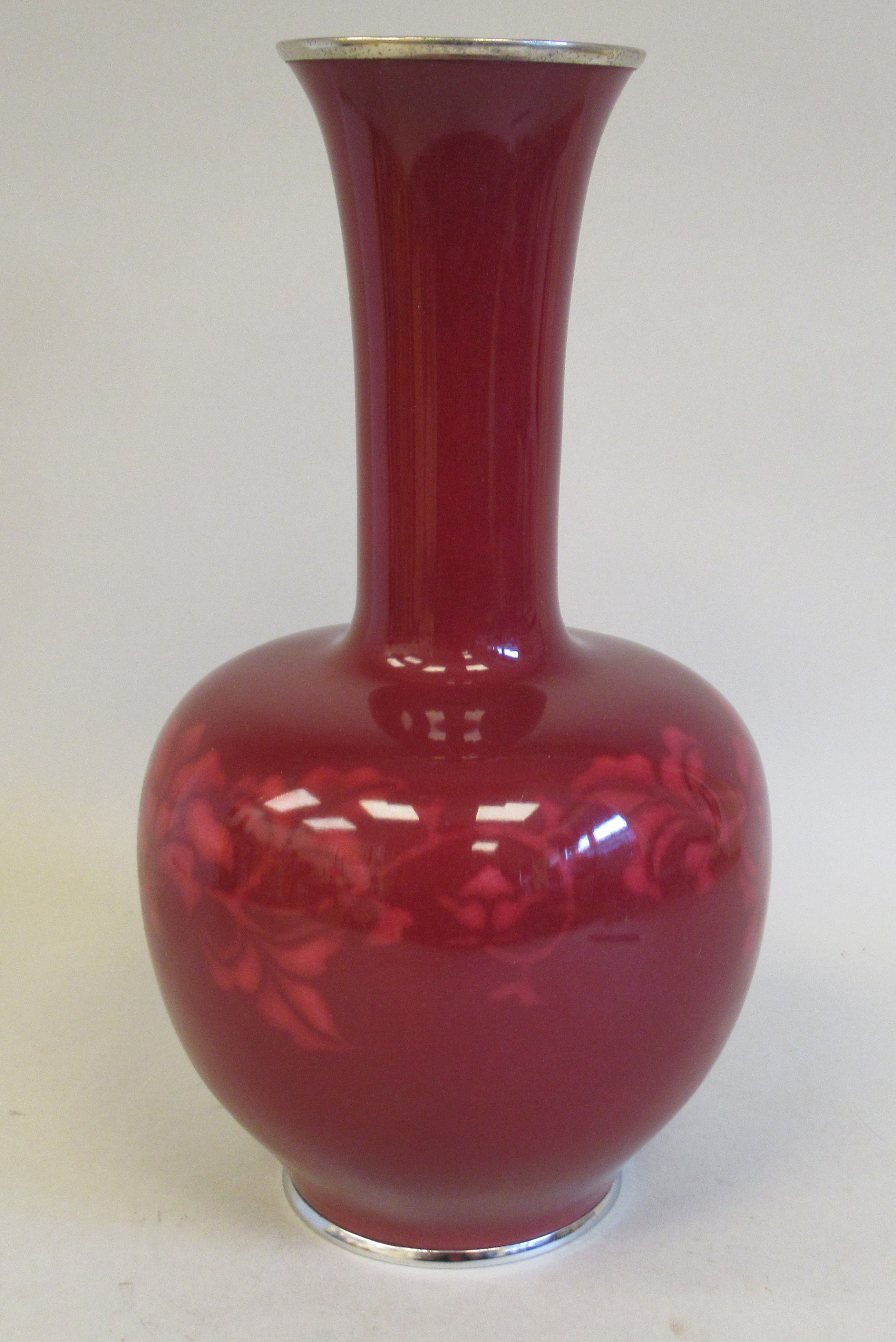 A 20thC ruby coloured enamel, bulbous bottle vase, having a long narrow neck and flared rim, - Image 3 of 7