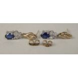 A pair 9ct gold earrings, each set with sapphires and diamonds