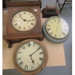 Clocks: to include an early 20thC oak cased wall clock of architectural form; the 8 day movement
