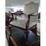 An early 20thC Georgian design mahogany framed elbow chair, the later patterned fabric back, arms