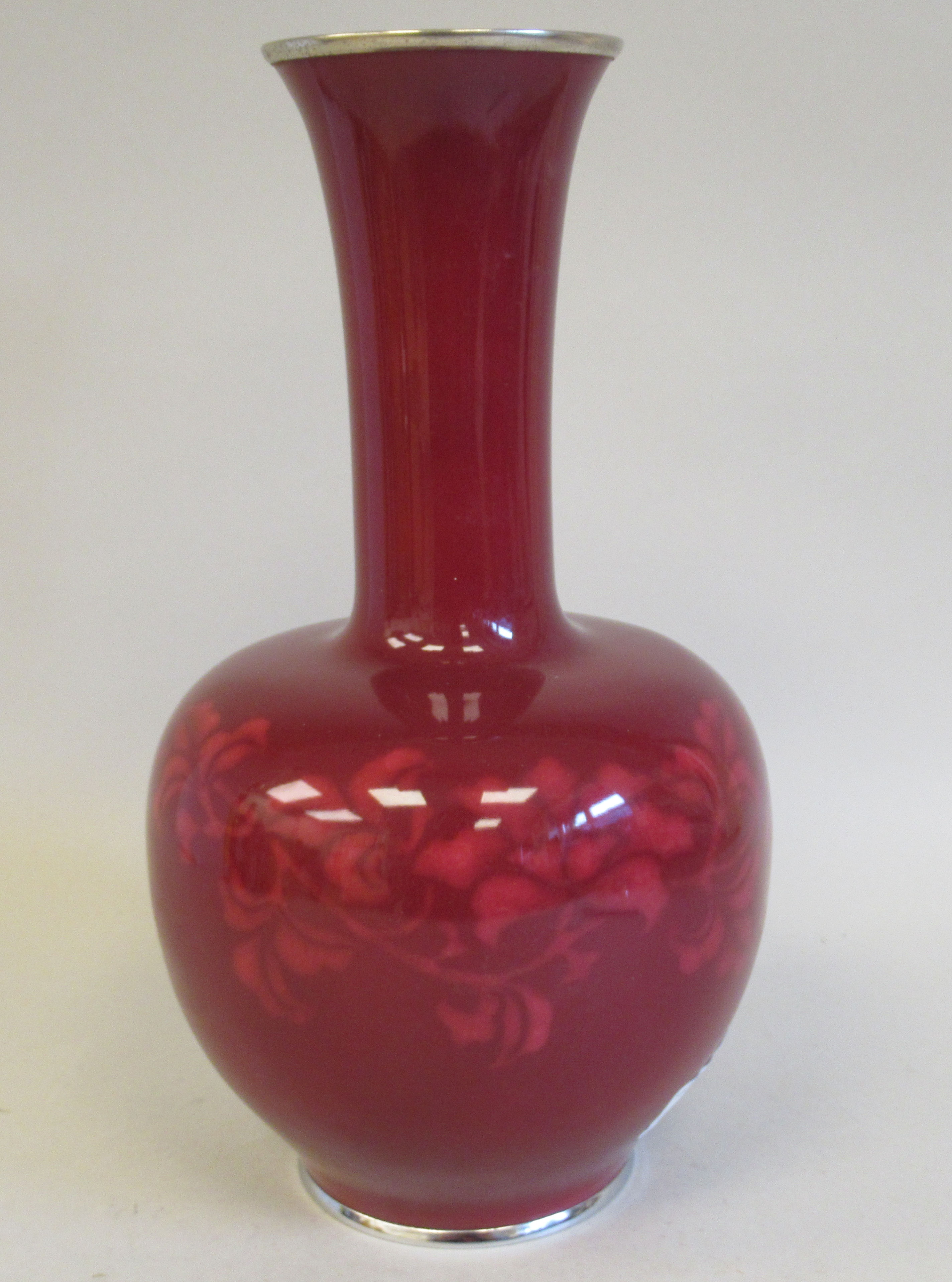 A 20thC ruby coloured enamel, bulbous bottle vase, having a long narrow neck and flared rim, - Image 4 of 7