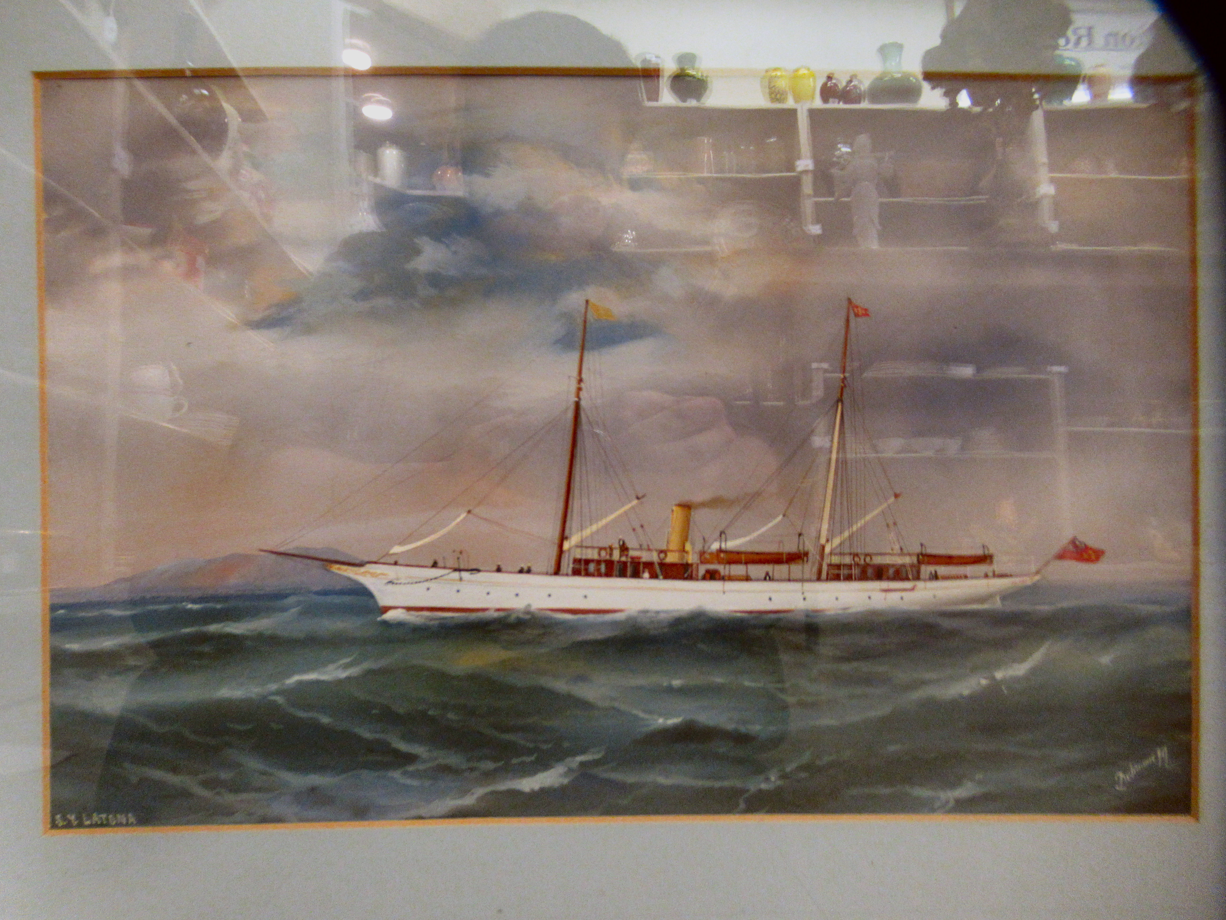 S Y Latona - a late 19thC steam powered, dual mast vessel at sea  gauche  bears a signature & - Image 2 of 5