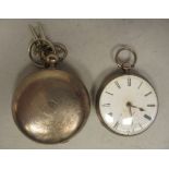 A silver cased full hunter pocket watch, faced by a white enamel Roman dial; and an engine turned