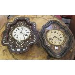 Two similar late 19thC mother-of-pearl inlaid fruitwood vineyard clocks, each with an 8 day movement