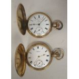 Two similar gold plated cased full hunter pocket watches, the keyless movements faced by white