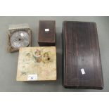 A mixed lot: to include a late 19thC fruitwood cased music box, playing six airs  5"h  12"w