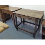 Two similar early 19thC oak, single drawer side tables, each raised on block legs  29"h  33"w