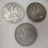 Three Victorian silver crowns 1893, 1896 and 1899
