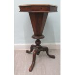 A late Victorian multiple softwood inlaid walnut veneered sewing table, the octagonal hinged lid