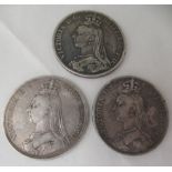Three Victorian silver crowns 1887, 1889 and 1890