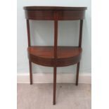 An Edwardian mahogany demi-lune, partially glazed display table, raised on square, tapered legs,