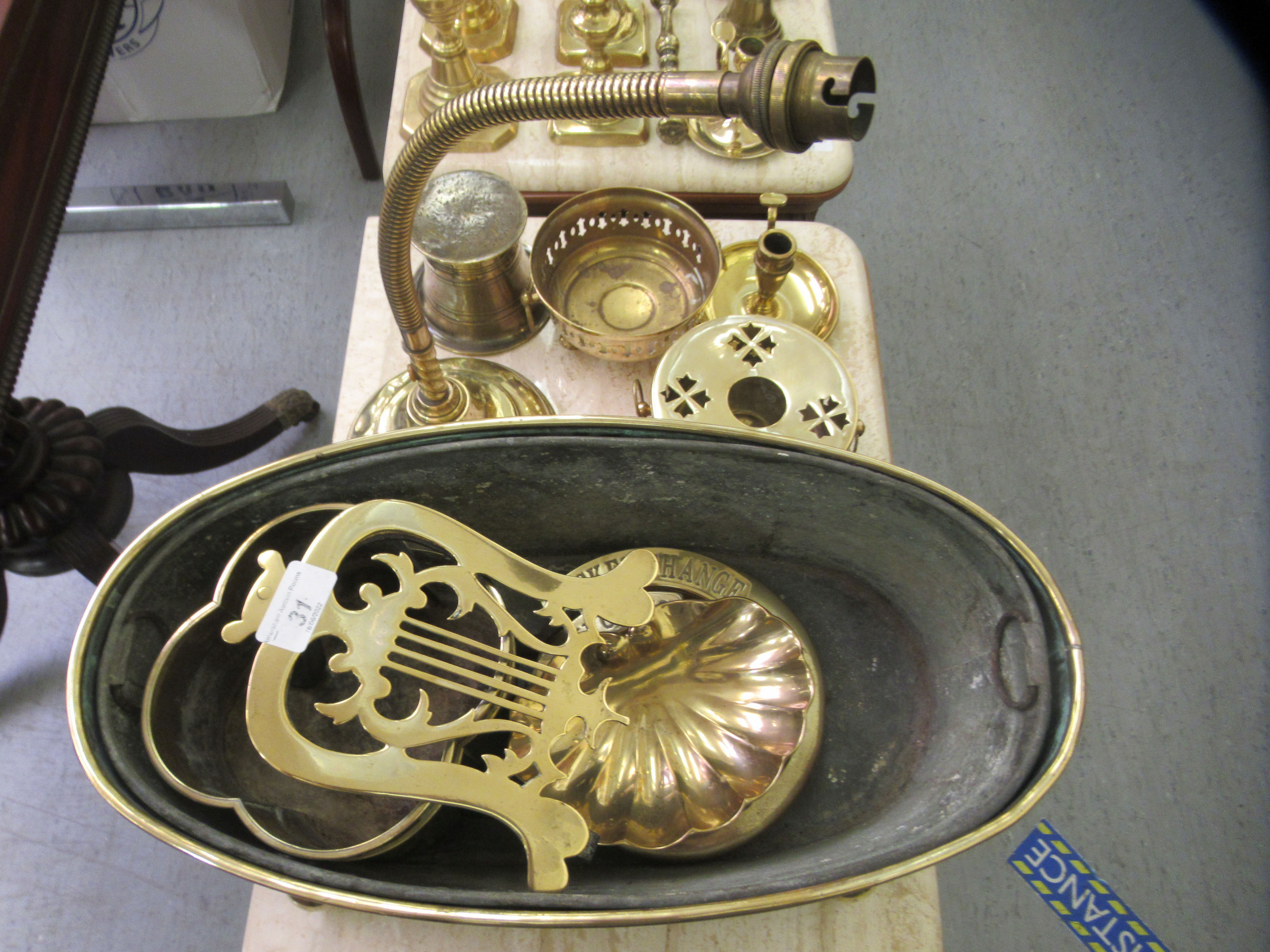 Mainly 20thC functional metalware: to include a brass oval plate  18"dia; and a pair of - Image 5 of 5