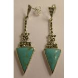 A pair of Art Deco style silver and turquoise drop earrings  stamped 925