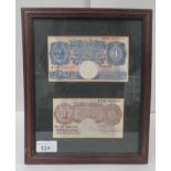 An inter-war period British £1 note and a 10/- note  8" x 10"  framed