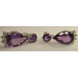 A pair of silver coloured metal amethyst set, pear shaped drop earrings  stamped 925