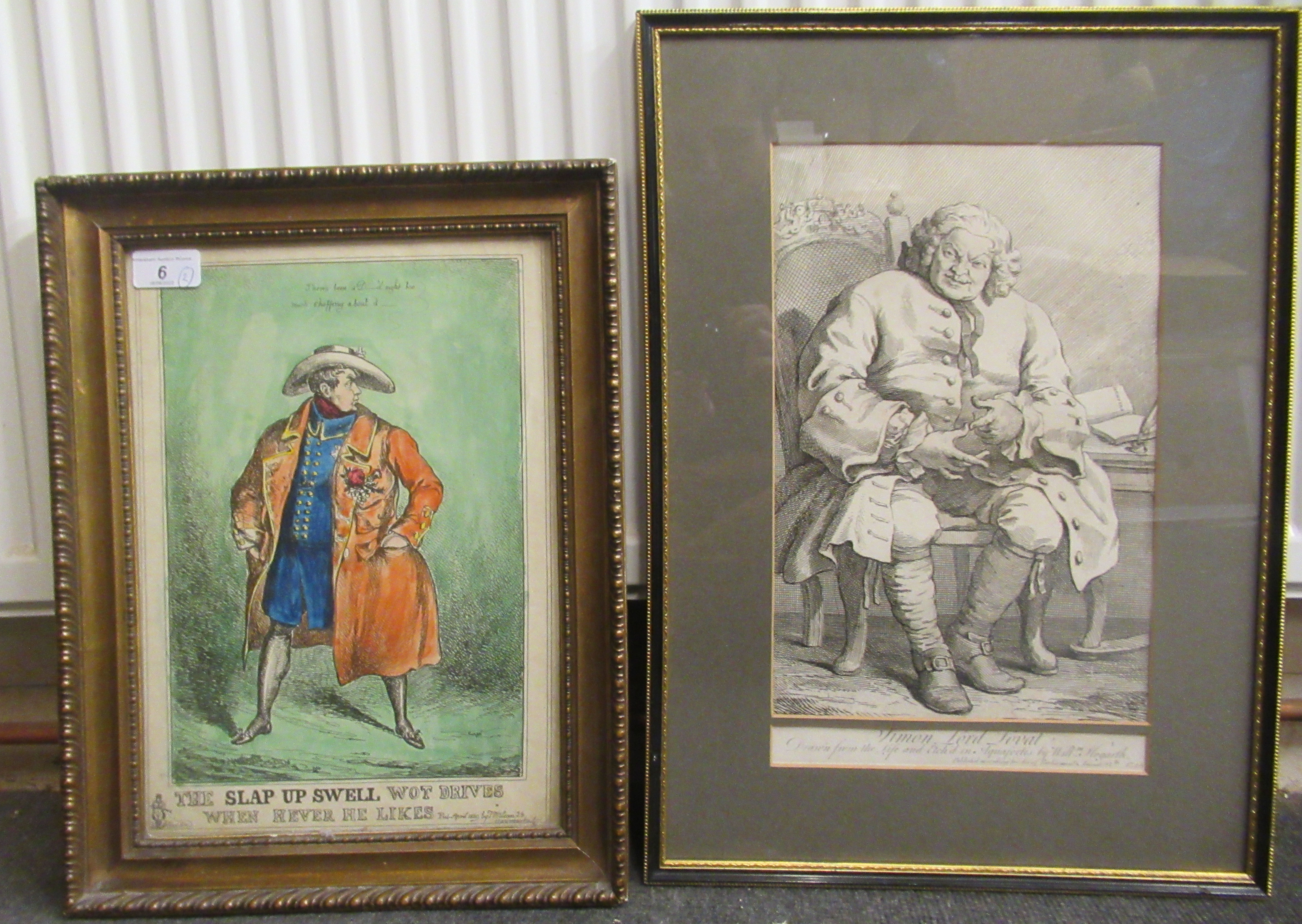 Two framed Georgian prints, viz. an authoritative figure  8" x 12"; and 'Simon Lord Lovat'  9" x 13"