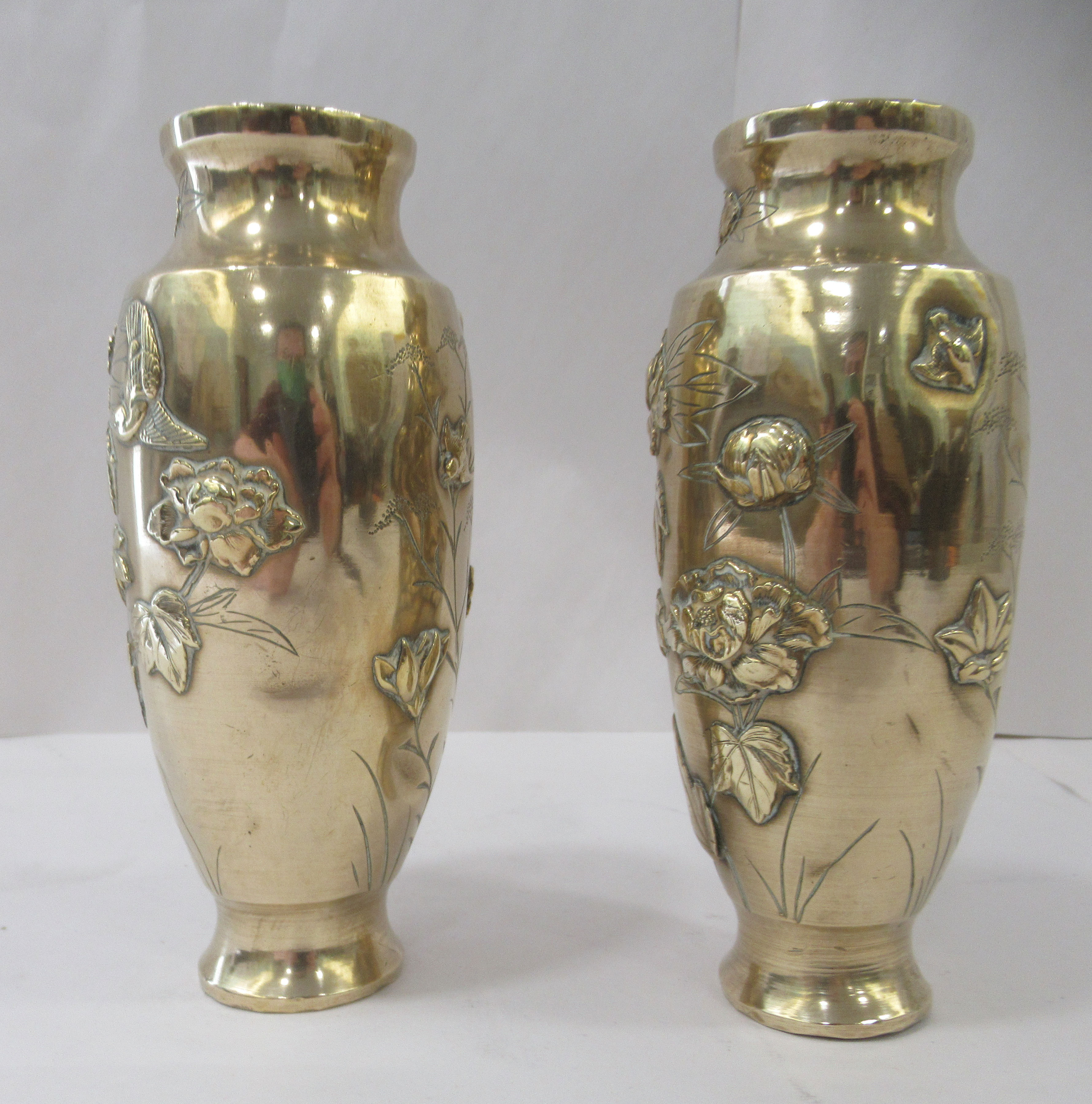 A pair of post 1950s Japanese inspired gilded bronzed vases of tapered form, decorated in relief - Image 2 of 3