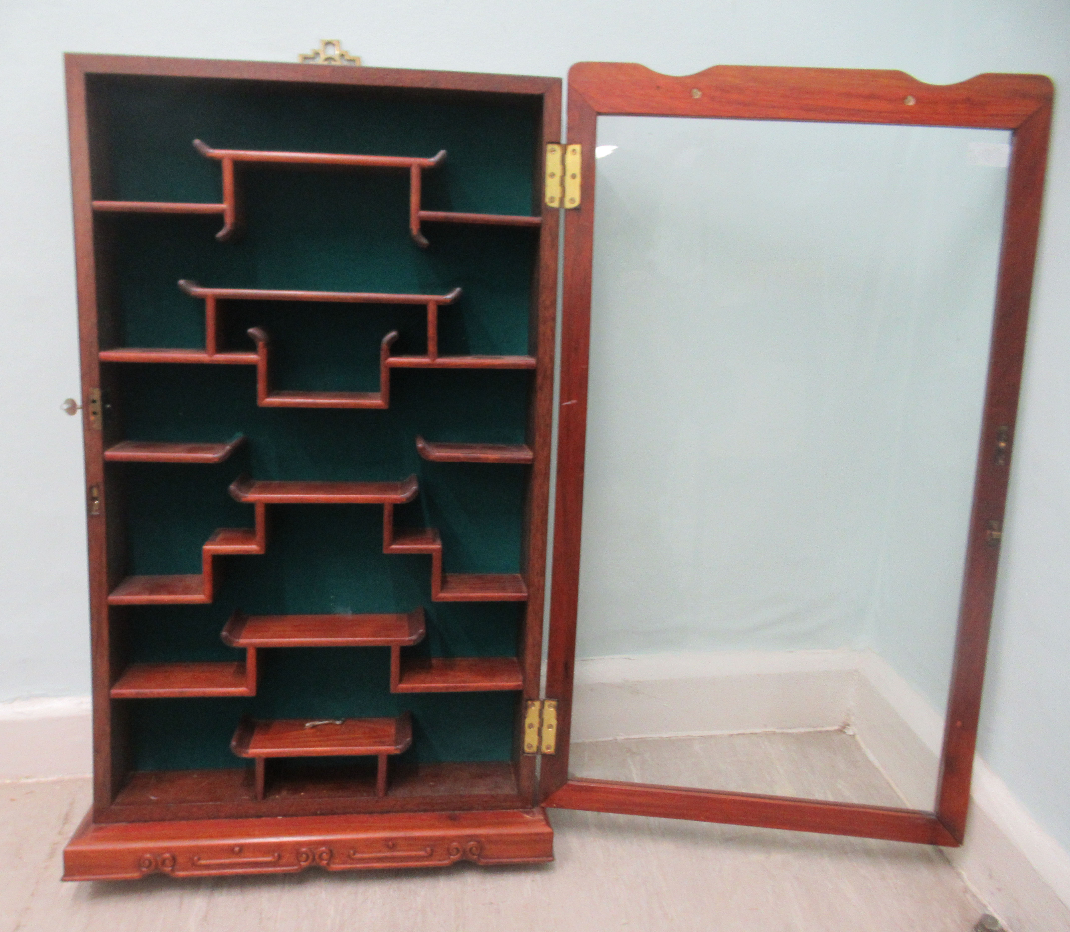 A post 1950s Chinese deep set framed and glazed netsuke cabinet with fitted offset shelves  33"h - Image 2 of 3