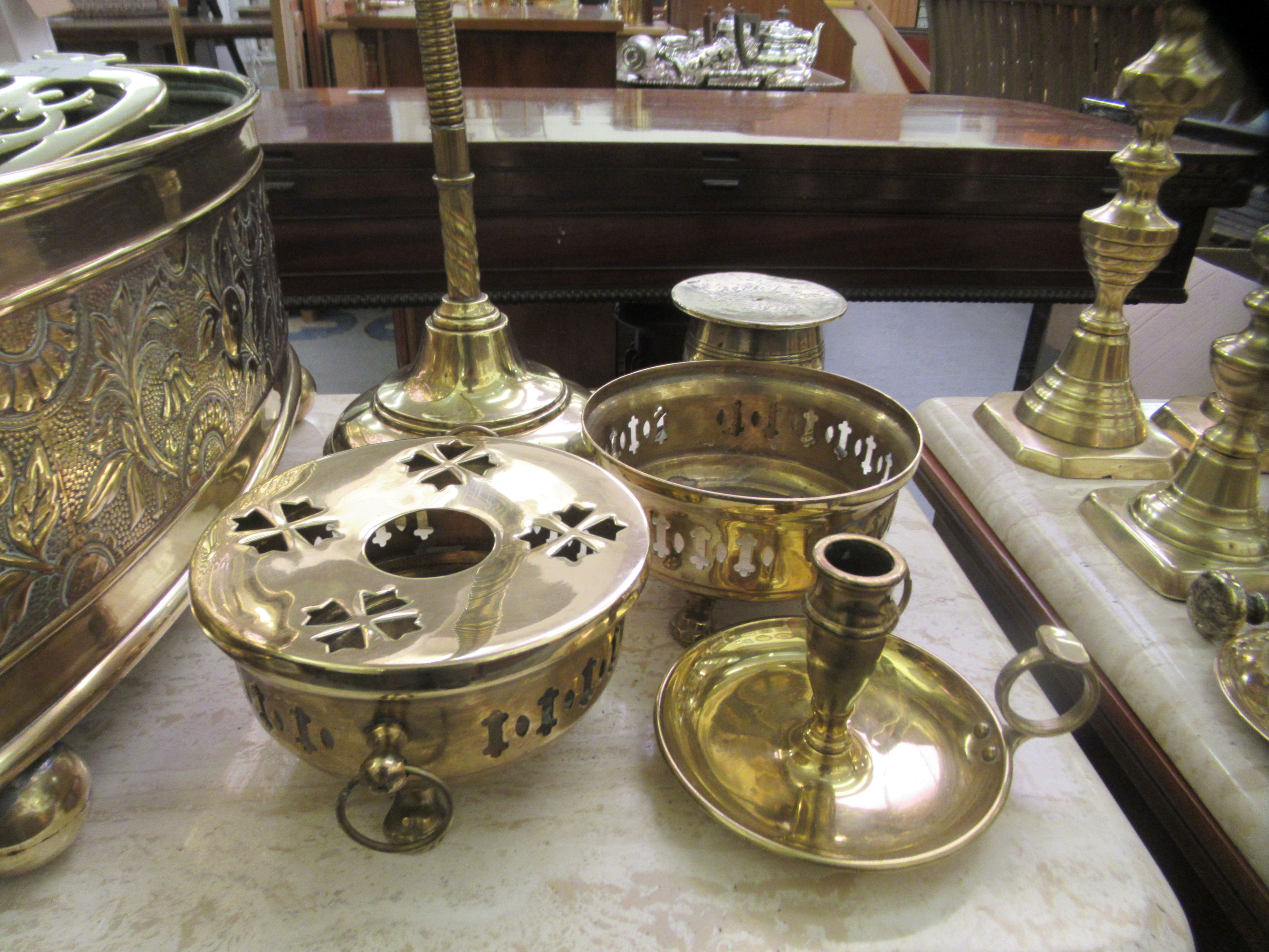 Mainly 20thC functional metalware: to include a brass oval plate  18"dia; and a pair of - Image 4 of 5