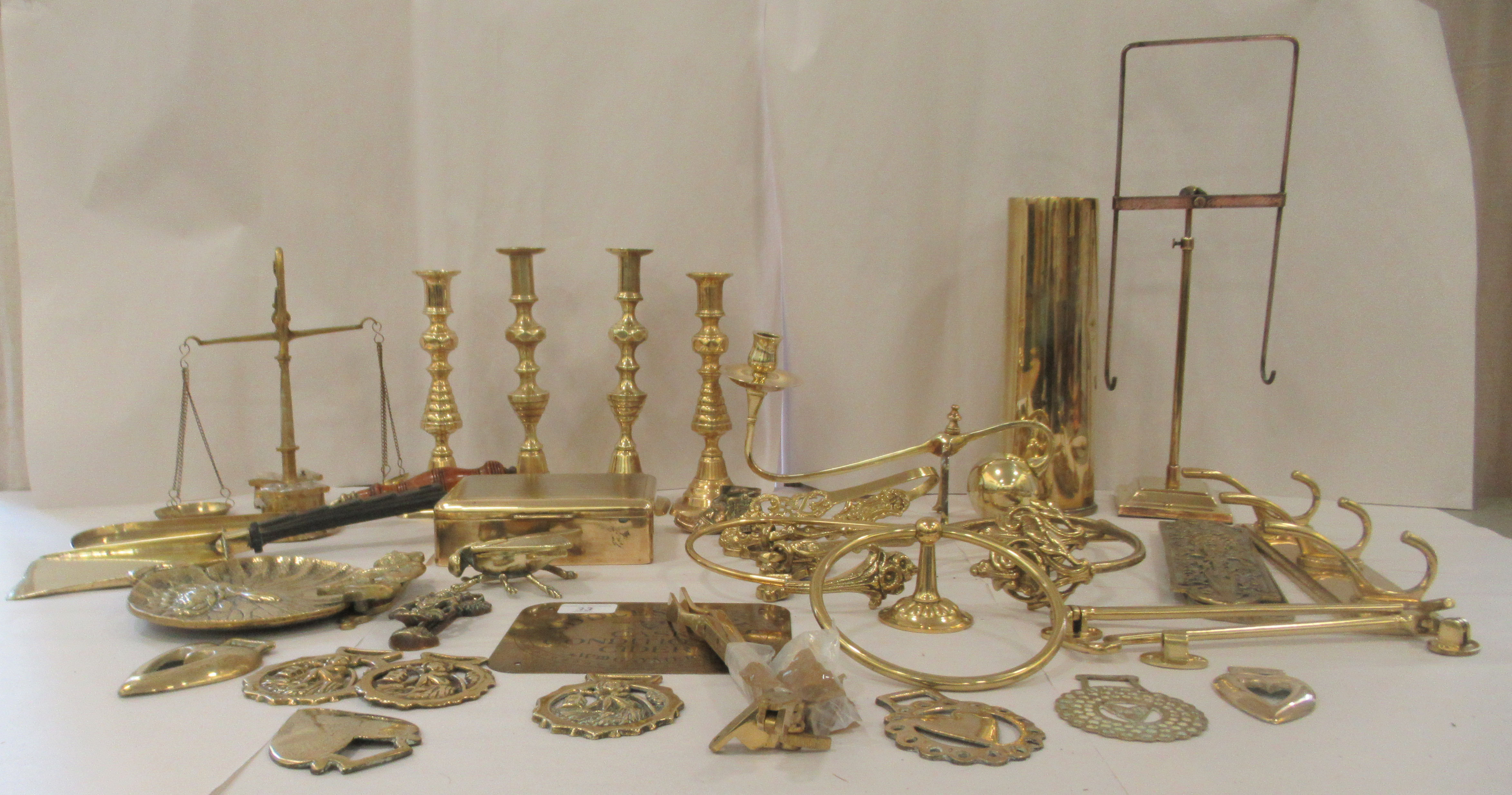 Mainly 20thC functional and decorative metalware: to include door furniture mounts and a brass